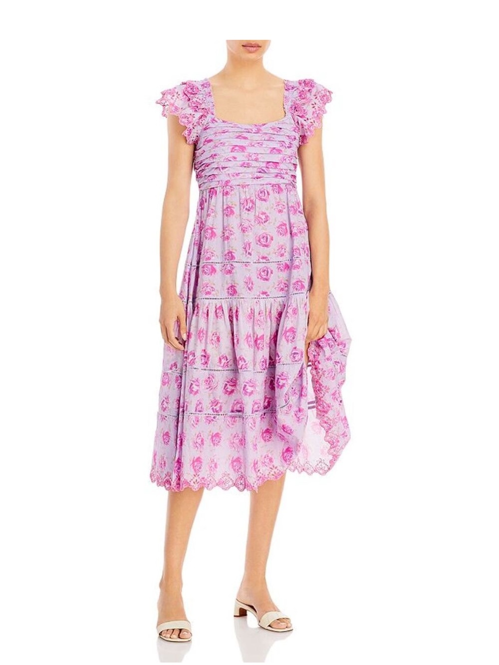 LoveShackFancy purple pink floral Harlyn cotton midi dress size 2